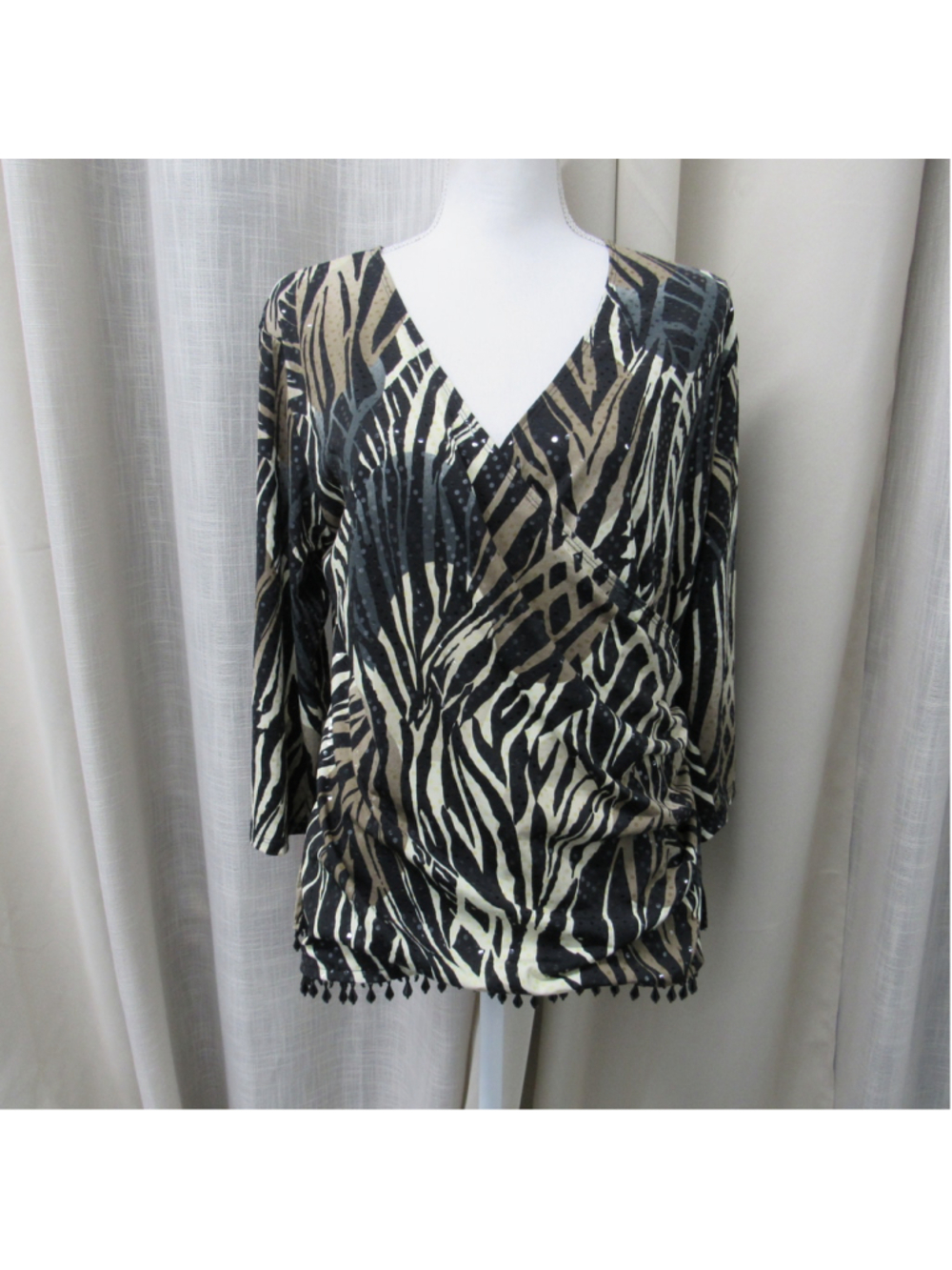 Dressbarn Collection Zebra Print V-Neck Sequin Wrap Blouse Plus Sz Women' 14/16